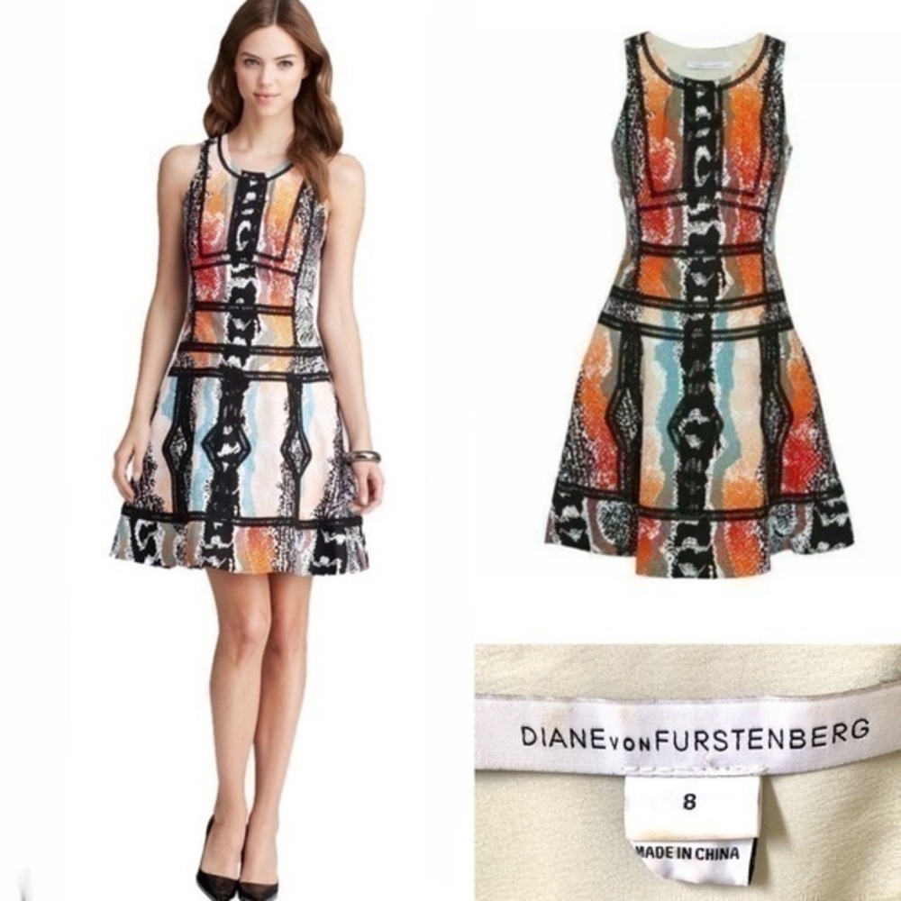 DIANE VON FURSTENBERG Margot Fit Flare Dress Oasis Orange Snake in Size 8